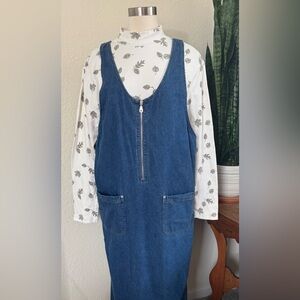 Vintage Denim Zip‎ Front Jumper Dress Sleeveless Pockets 90s Minimalist large